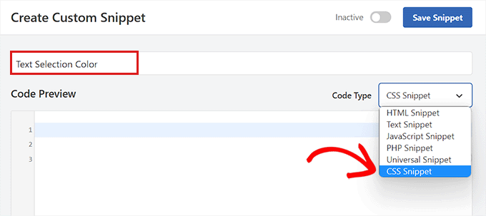 Scegli Snippet CSS come tipo di codice per lo snippet di colore della selezione del testo