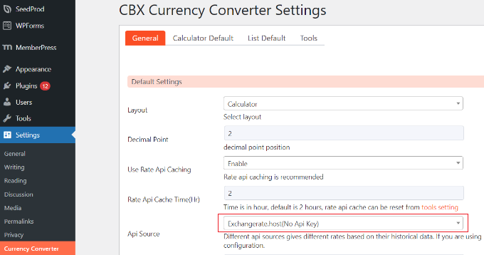 Impostazioni del convertitore di valuta CBX