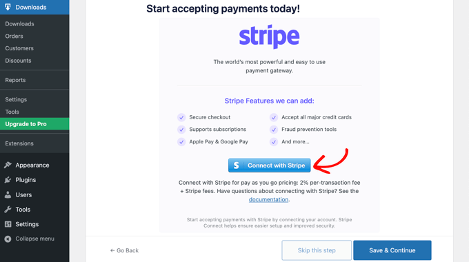 Configurazione semplice dei download digitali Connettiti con Stripe