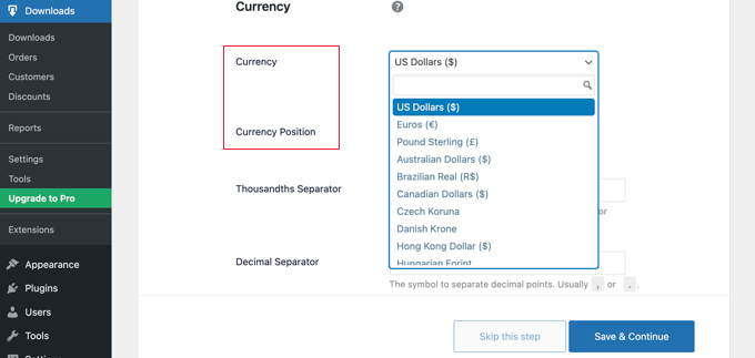 Configurazione semplice dei download digitali Seleziona la valuta