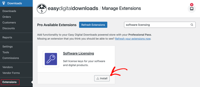 Installazione dell'estensione di licenza software Easy Digital Downloads