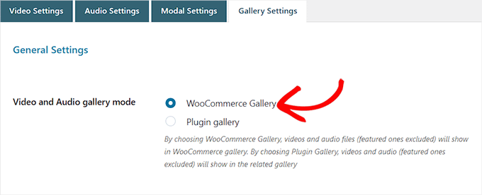 Scegli l'opzione Galleria WooCommerce