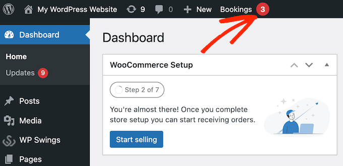 Una notifica di prenotazione nella dashboard di WordPress