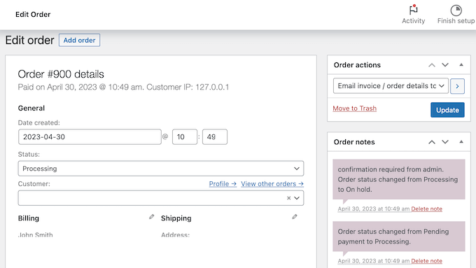 Modifica dello stato di un ordine su un sito web di noleggio di attrezzature o forniture per feste