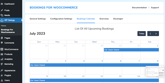 Un esempio di calendario delle prenotazioni per un sito web di noleggio di attrezzature o forniture per feste