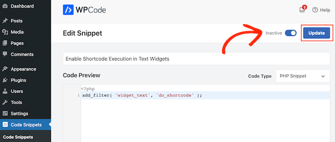 Aggiunta di shortcode a un widget della barra laterale utilizzando il codice