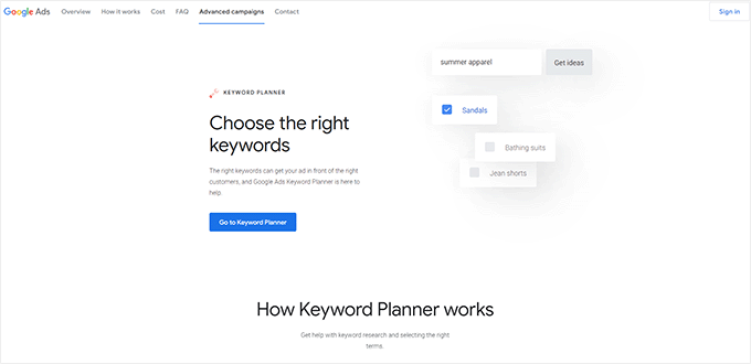 Strumento di pianificazione delle parole chiave di Google