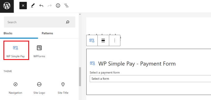 Aggiungi un blocco WP Simple Pay