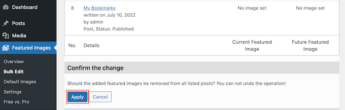 Applicazione della modifica in blocco alla tua immagine in primo piano in WordPress