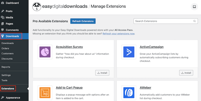 Installazione delle estensioni Easy Digital Downloads