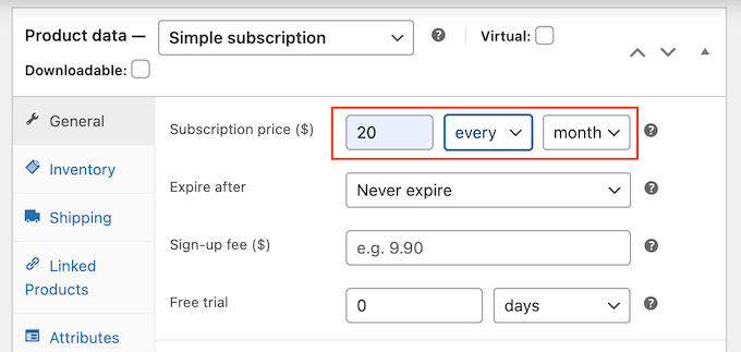 Impostazione del prezzo dell'abbonamento a WooCommerce