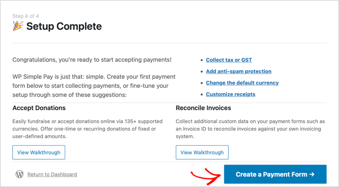 Completamento della configurazione di WP Simple Pay