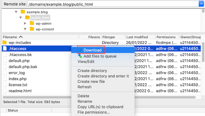 Download del file .htaccess di WordPress