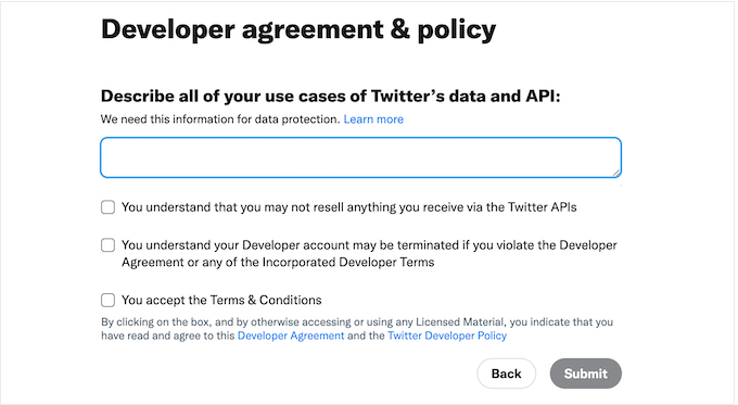 Accettazione dei termini per gli sviluppatori di Twitter