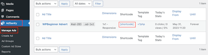 Aggiunta di pubblicità al tuo sito Web WordPress utilizzando lo shortcode