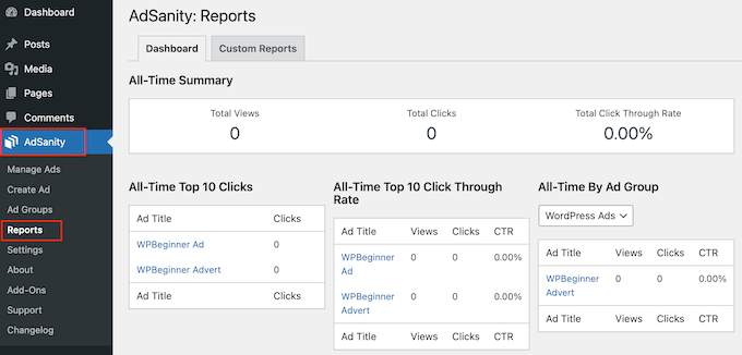 Visualizzazione dei report pubblicitari nella dashboard di WordPress