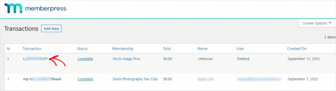 Visualizzazione dell'elenco delle transazioni di MemberPress