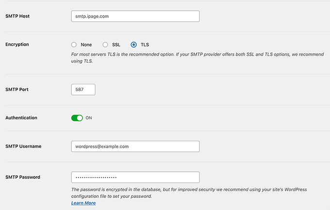 Impostazioni SMTP di iPage per WP Mail SMTP