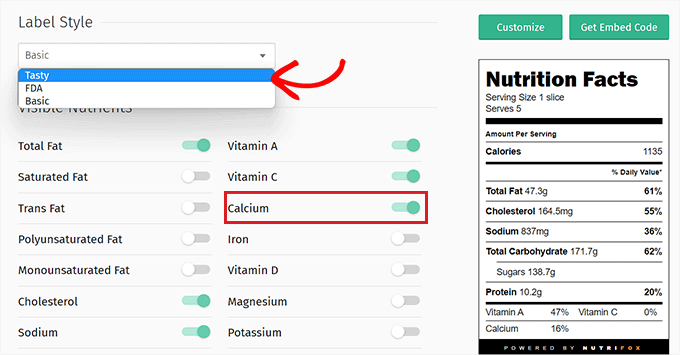 Personalizza le etichette dei dati nutrizionali