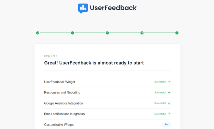 Funzionalità e componenti aggiuntivi di UserFeedback installati correttamente