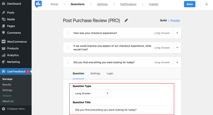 Modifica di una domanda del sondaggio in UserFeedback