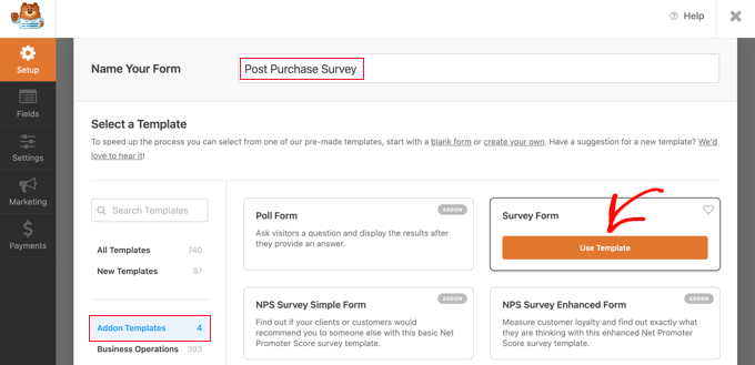 Seleziona il modello del modulo di sondaggio in WPForms