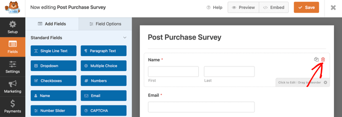 Eliminazione di un campo in WPForms