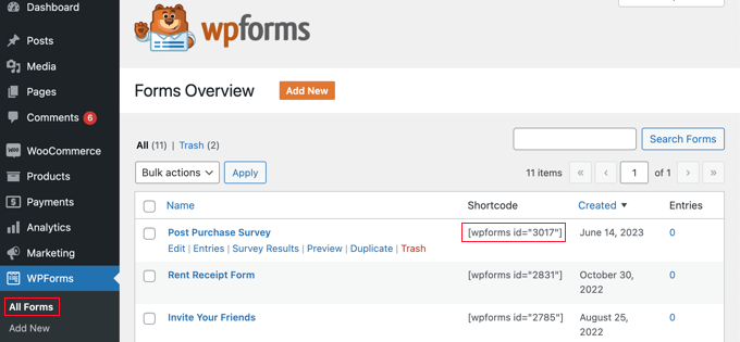 Trovare lo shortcode del sondaggio in WPForms