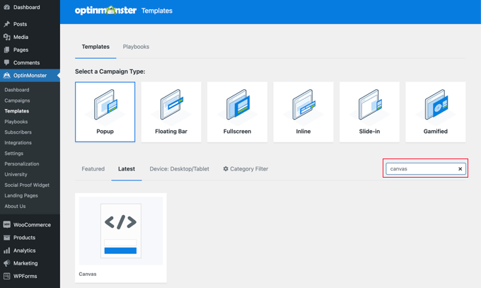 Cerca il modello Canvas in OptinMonster