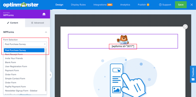 Seleziona il sondaggio WPForms creato in precedenza