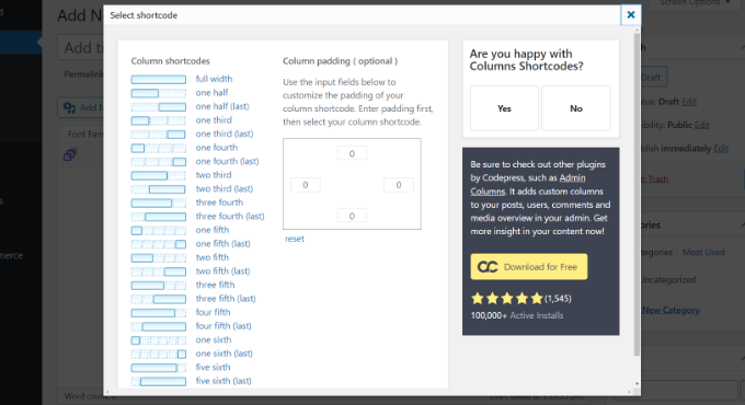 Seleziona lo shortcode per le colonne