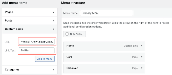 Aggiunta di testo di collegamento al menu di navigazione di un sito Web