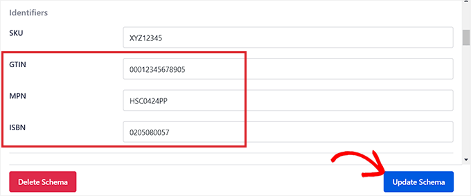 Aggiungi il codice ISBN, GTIN o MPN e fai clic sul pulsante Aggiorna schema