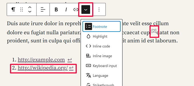 Aggiunta di note a piè di pagina in WordPress 6.3