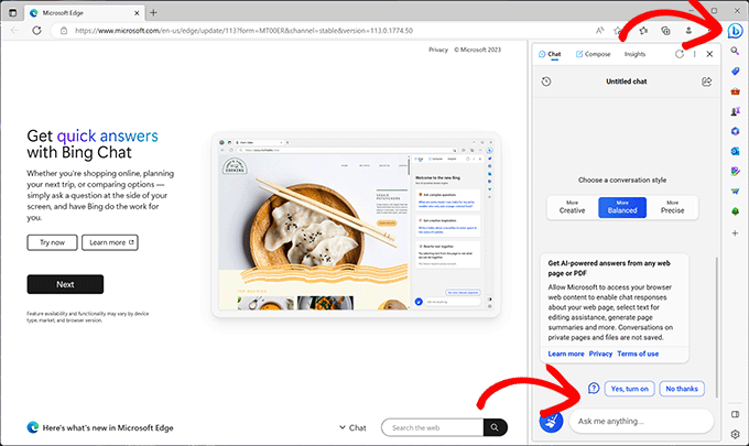 Chat di Bing nella barra laterale su Microsoft Edge
