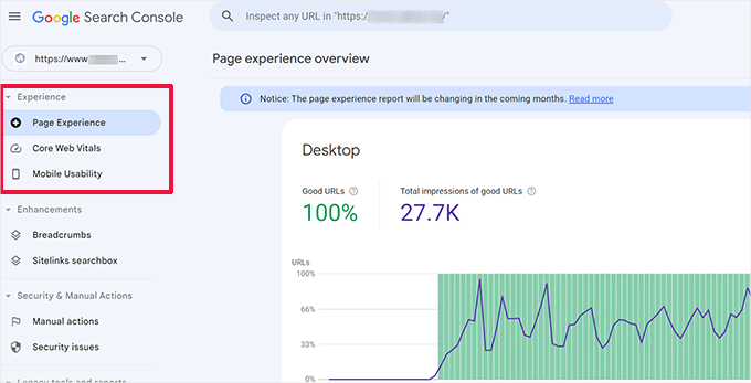 Sezione Esperienza utente in Google Search Console