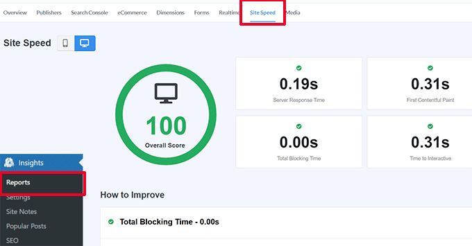 Velocità del sito in MonsterInsights