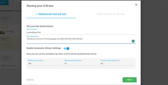 Impostazioni del test A/B