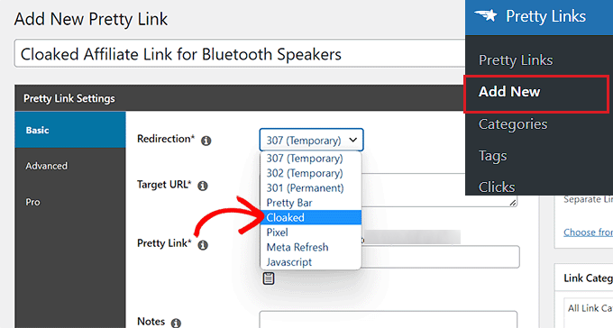 Aggiungi un titolo per il tuo link di affiliazione e scegli l'opzione Cloaked come tipo di reindirizzamento
