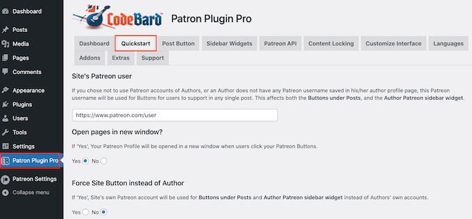 Impostazioni Patron Plugin Pro di CodeBard