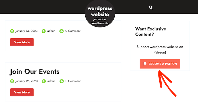 Un esempio di pulsante Patreon, su un sito Web WordPress