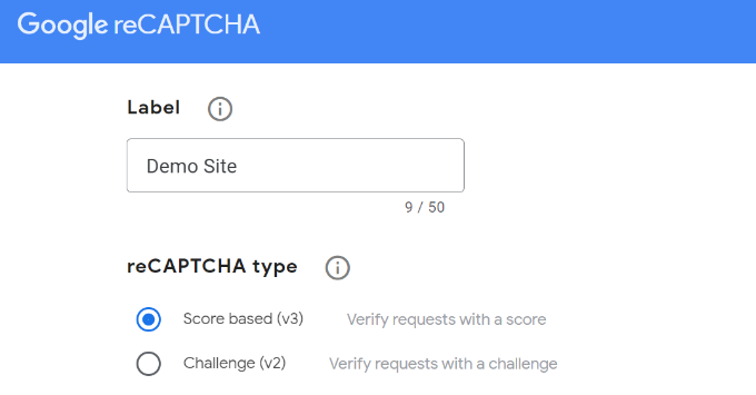 Seleziona la versione captcha v3