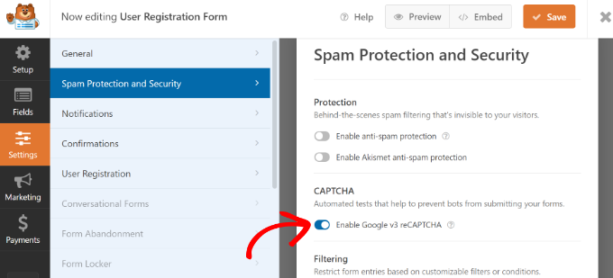 Abilita Google v3 in WPForms