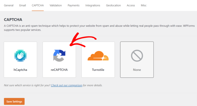 Seleziona il tipo di captcha in WPForms