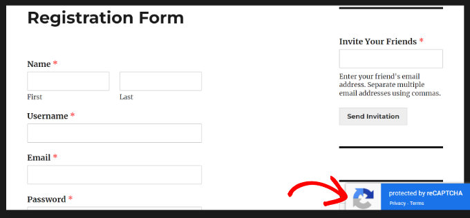 Modulo di registrazione con recaptcha