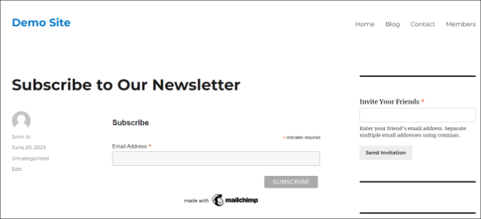 Anteprima del modulo di iscrizione a Mailchimp