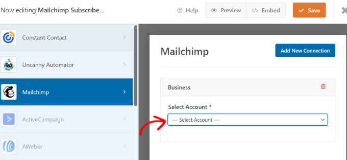 Seleziona il tuo account Mailchimp