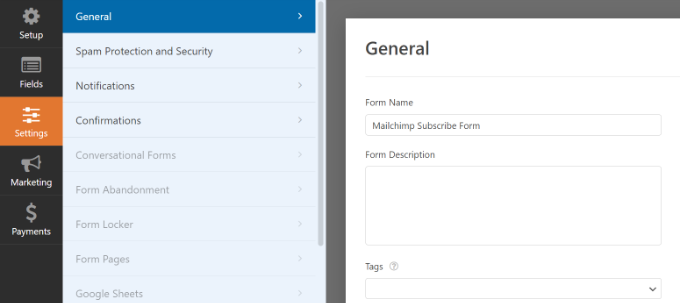 Impostazioni generali del modulo Mailchimp