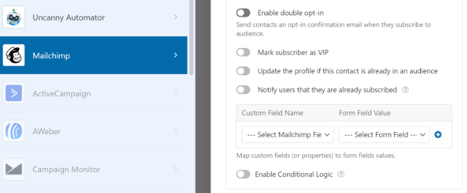 Altre impostazioni Mailchimp in WPForms