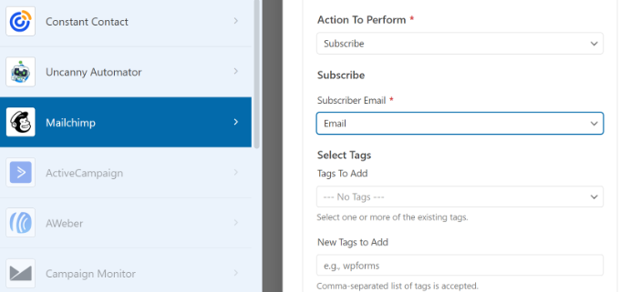 Impostazioni aggiuntive di Mailchimp in WPForms